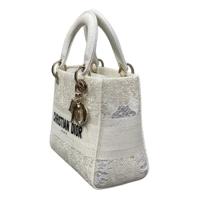 Dior Medium Lady D-Lite In White/Black Lace Embroidered Canvas Gold Hardware
