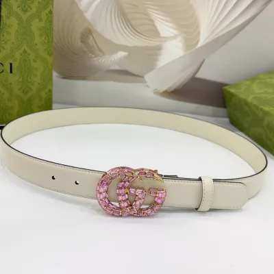 Gucci Women's GG Buckle With Crystals Marmont Thin Belt In Black/Red/Khaki/White/Grey/Green Smooth Calfskin With Gold/Silver Hardware 30mm