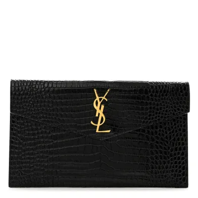 Saint Laurent Medium Uptown Clutch Black Embossed Monogram Calfskin & Crocodile Leather Gold Hardware