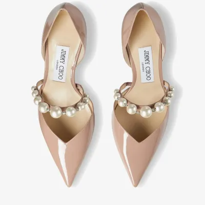 JIMMY CHOO Pearl-embellished pink lacquered leather pointed high heels