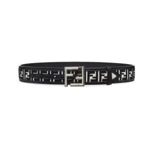 Fendi Men's FF Buckle Belt In Black/White FF Canvas With Gold/Silver Hardware 35mm