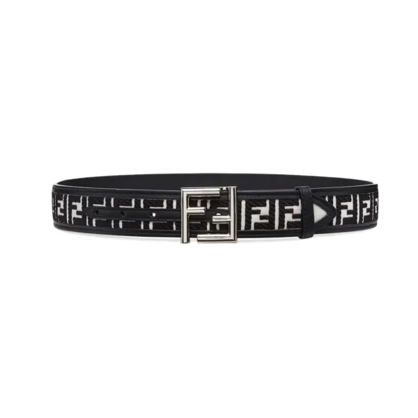 Fendi Men's FF Buckle Belt In Black/White FF Canvas With Gold/Silver Hardware 35mm