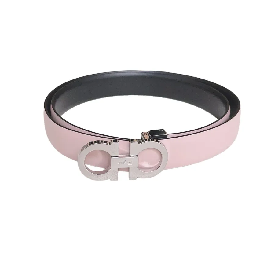 Ferragamo Women's Reversible Double Gancini Belt In Pink/Blue/Pale Pink Calfskin With Gold/Silver Hardware 25mm