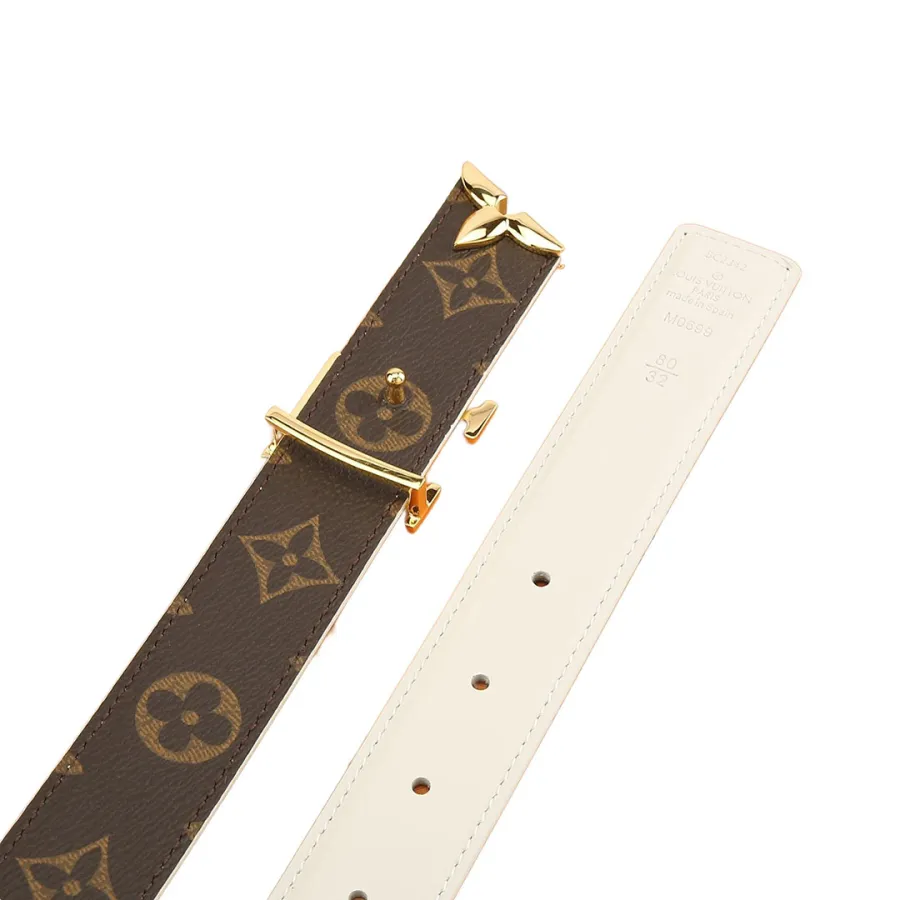 Louis Vuitton Women's Pretty LV Reversible Belt In White/Black Calfskin And Monogram Canvas With Gold/Silver/Black Hardware 30mm