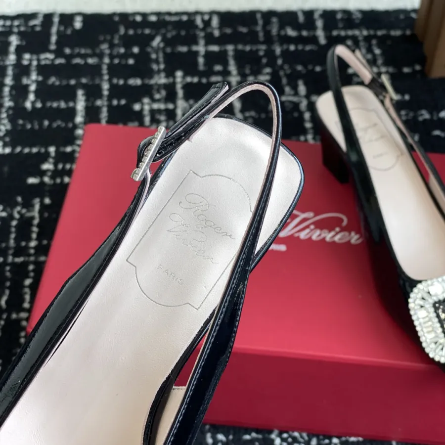 Roger Vivier Belle Viver Slingback Pumps High Heels In Black Patent Leather With Crystal Buckle (Heel Height 4.5cm)
