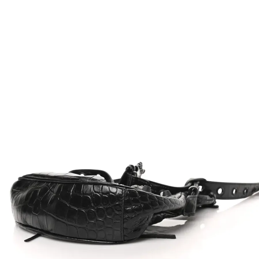 Balenciaga XS Monochrome Le Cagole Shoulder Bag Black Crocodile Embossed Extra Supple Calfskin Leather Black Hardware