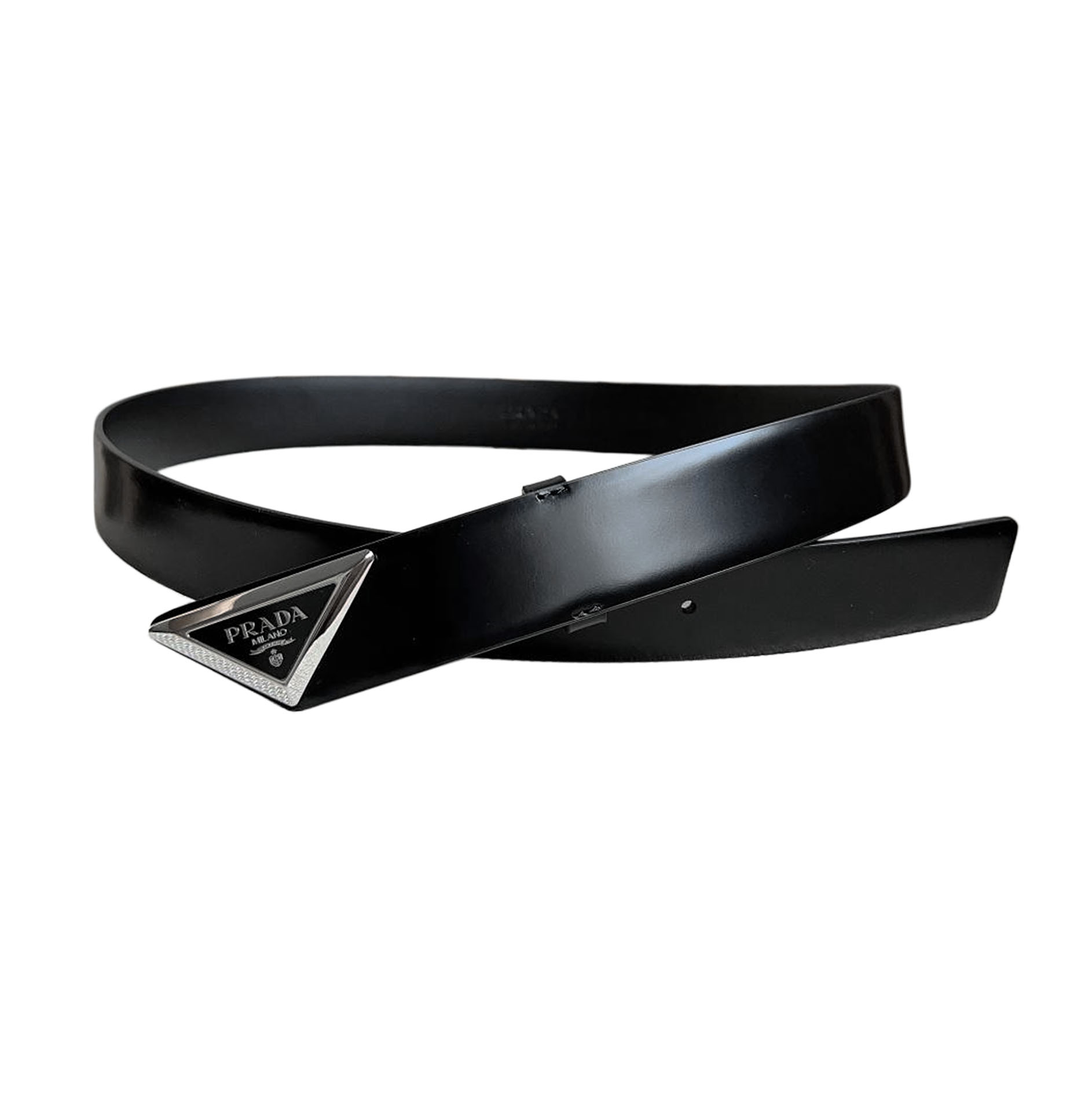 Cinto Prada Masculino com Fivela Triangular em Couro Bezerro Liso Preto com Acabamento em Prata 33mm