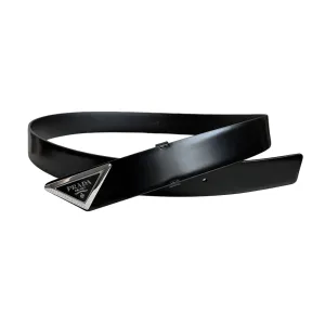 Prada Men' s Triangled Buckle Belt In Black Smooth Calfskin With Silver Hardware 33mm