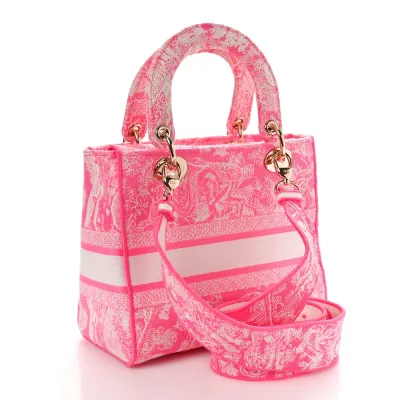 Dior Medium Toile De Jouy Lady D-Lite Fluorescent Pink Reverse Embroidered Canvas Gold Hardware