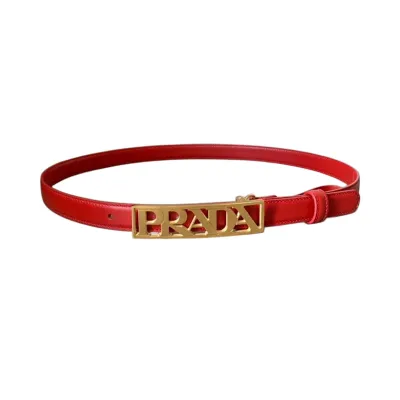 Prada Women' s Rectangled Buckle Belt In Brown/Red Calfskin With Gold Hardware 20mm