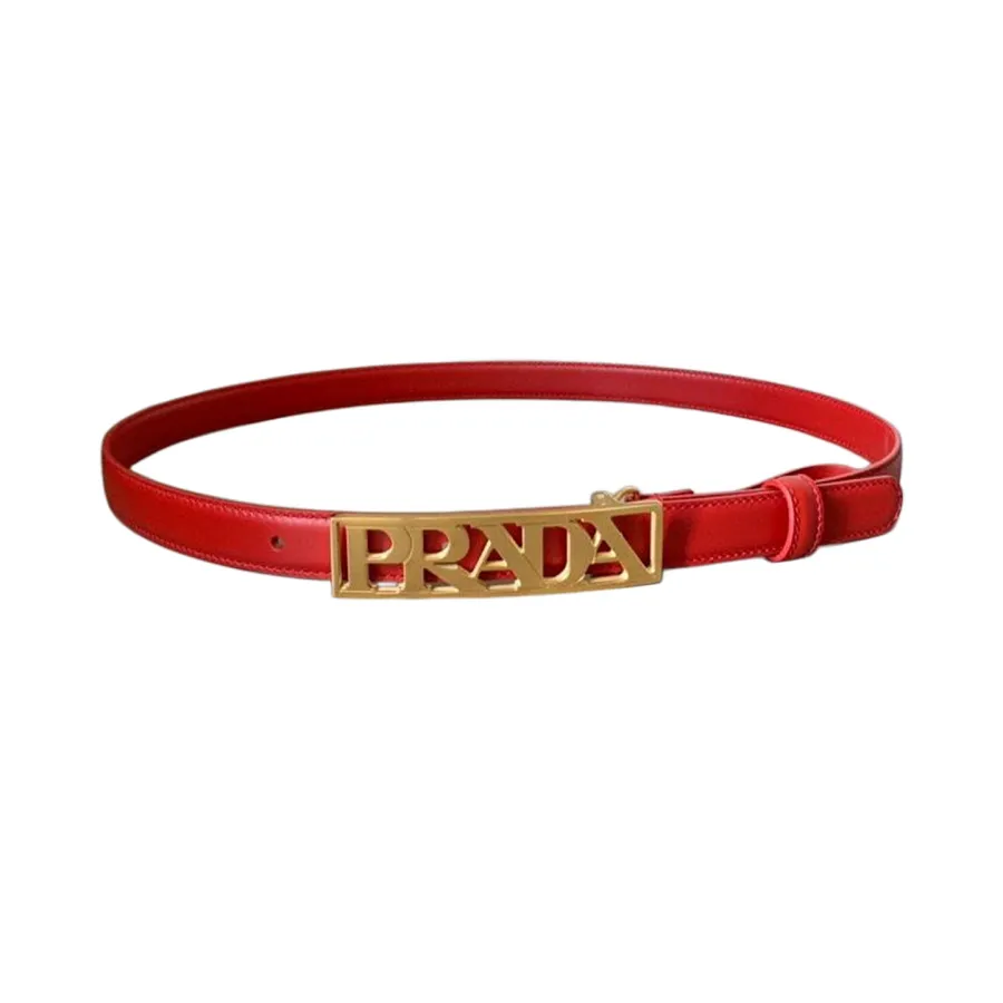 Prada Women' s Rectangled Buckle Belt In Brown/Red Calfskin With Gold Hardware 20mm