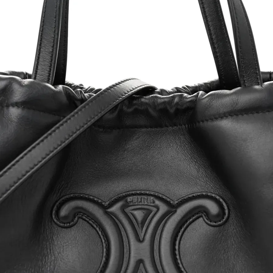 Celine Small Triomphe Cabas Drawstring Black Smooth Calfskin Leather Gold Hardware