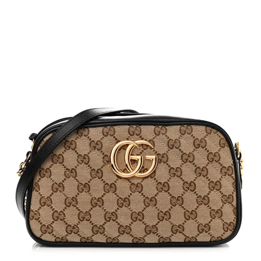 Gucci Small Diagonal GG Marmont Chain Shoulder Bag Beige/Black GG Monogram Canvas & Matelassé Leather Gold Hardware