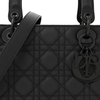 Dior Medium Lady Dior Black Ultra Matte Cannage Calfskin Leather Matte Black Hardware