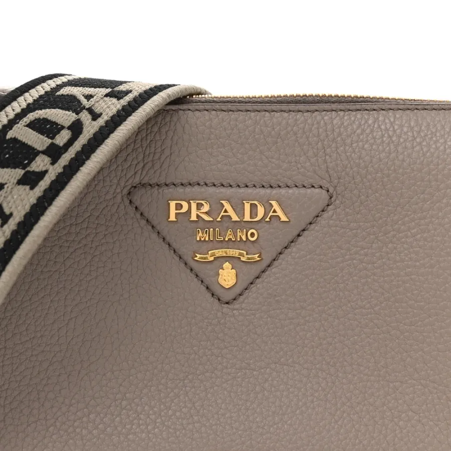 Prada Mini Soft Zippered Shoulder Bag Clay Grey Vitello Daino Leather Gold Hardware