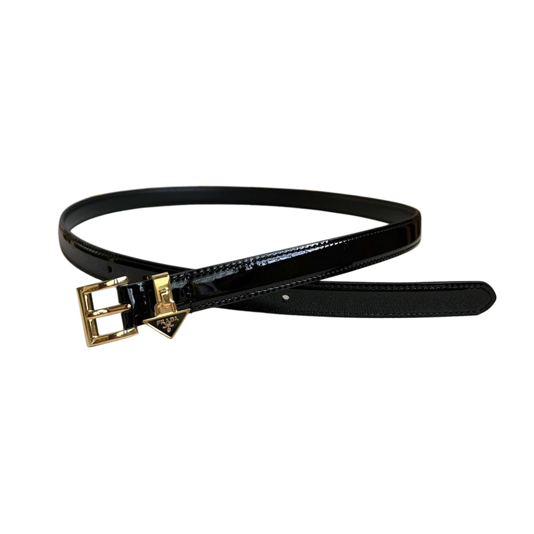 Prada Cinto Fino Feminino com Fivela Quadrada em Couro Bezerro Preto/Marrom/Branco com Ferragens Douradas/Prateadas 15mm