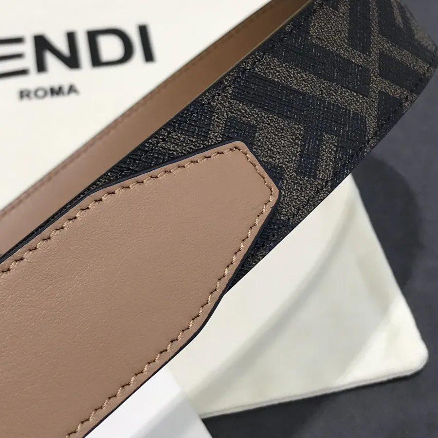 Fendi Men's FF Monster Eyes Belt In Brown/Black Saffiano Leather With Gold/Silver Hardware 35mm