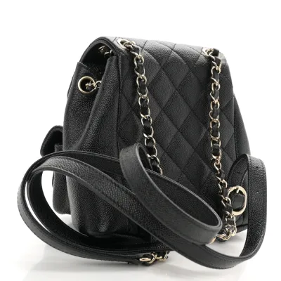 Chanel Duma Pockets Drawstring Backpack Small Black Quilted Shiny Caviar Leather Light Gold Hardware