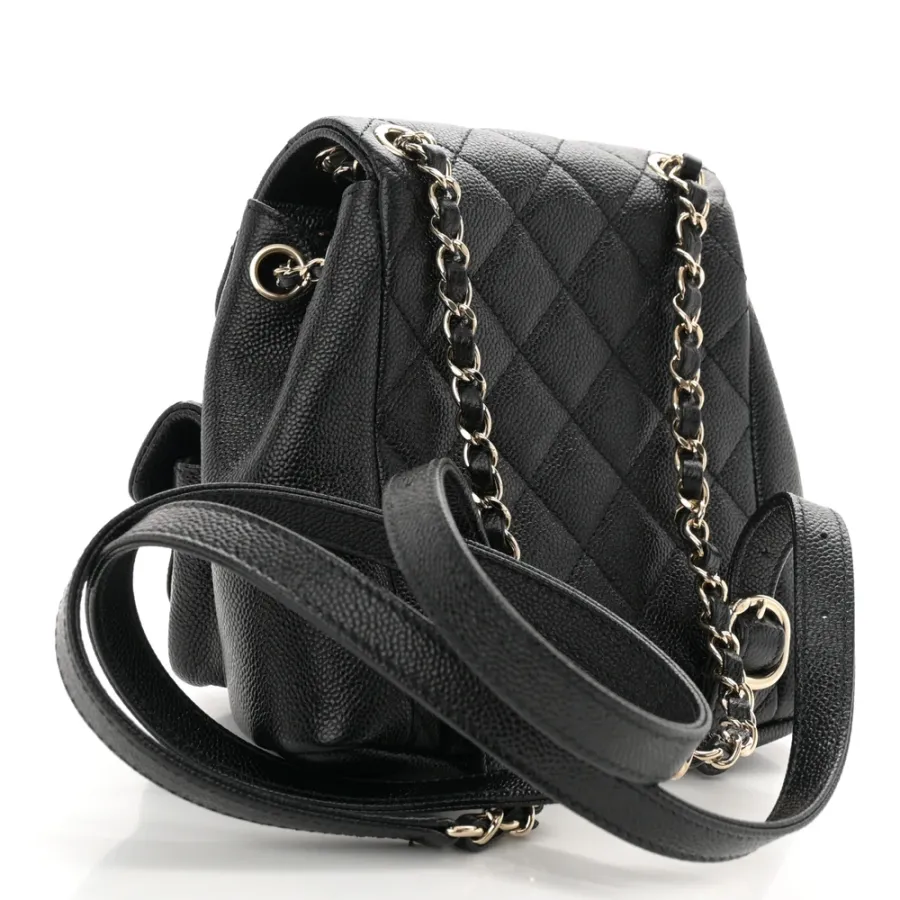 Chanel Duma Pockets Drawstring Backpack Small Black Quilted Shiny Caviar Leather Light Gold Hardware