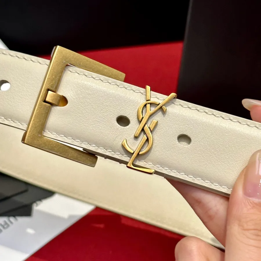 Saint Laurent Cassandre Belt In Black/White/Beige/Pink/Brown Smooth Calfskin With Gold Hardware 30mm