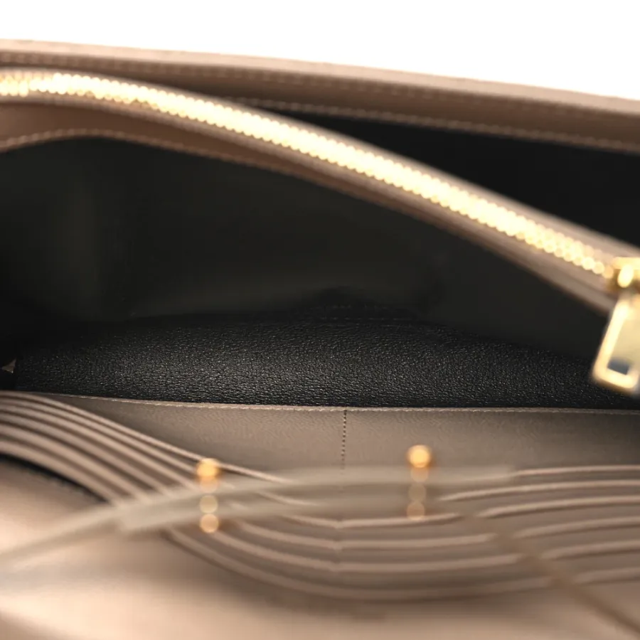 Saint Laurent Small Chain Wallet Dark Beige Triquilt Monogram Grain De Poudre Mixed Matelasse Leather Gold Hardware