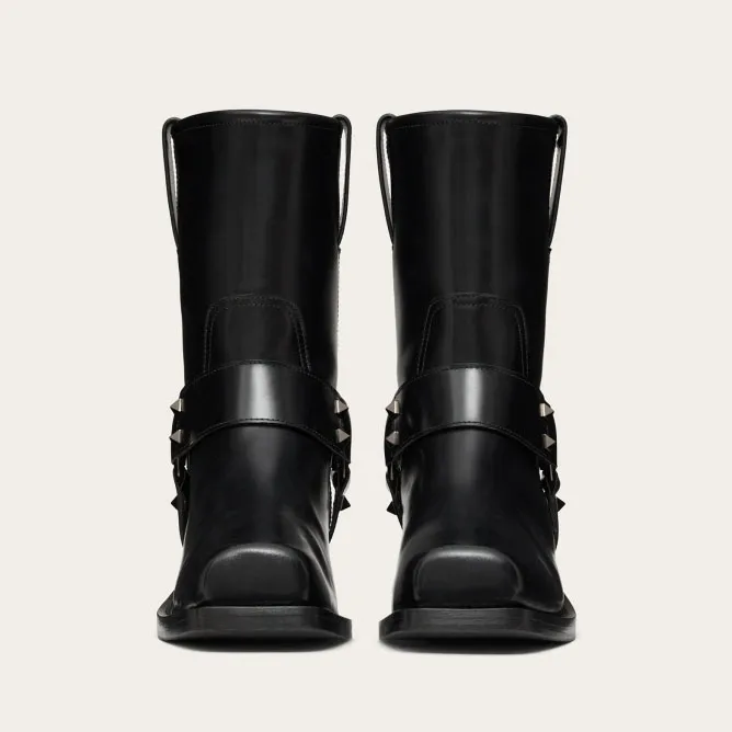 VALENTINO ROCKSTUD Calf leather Motorcycle ankle boots (heel height 4cm)
