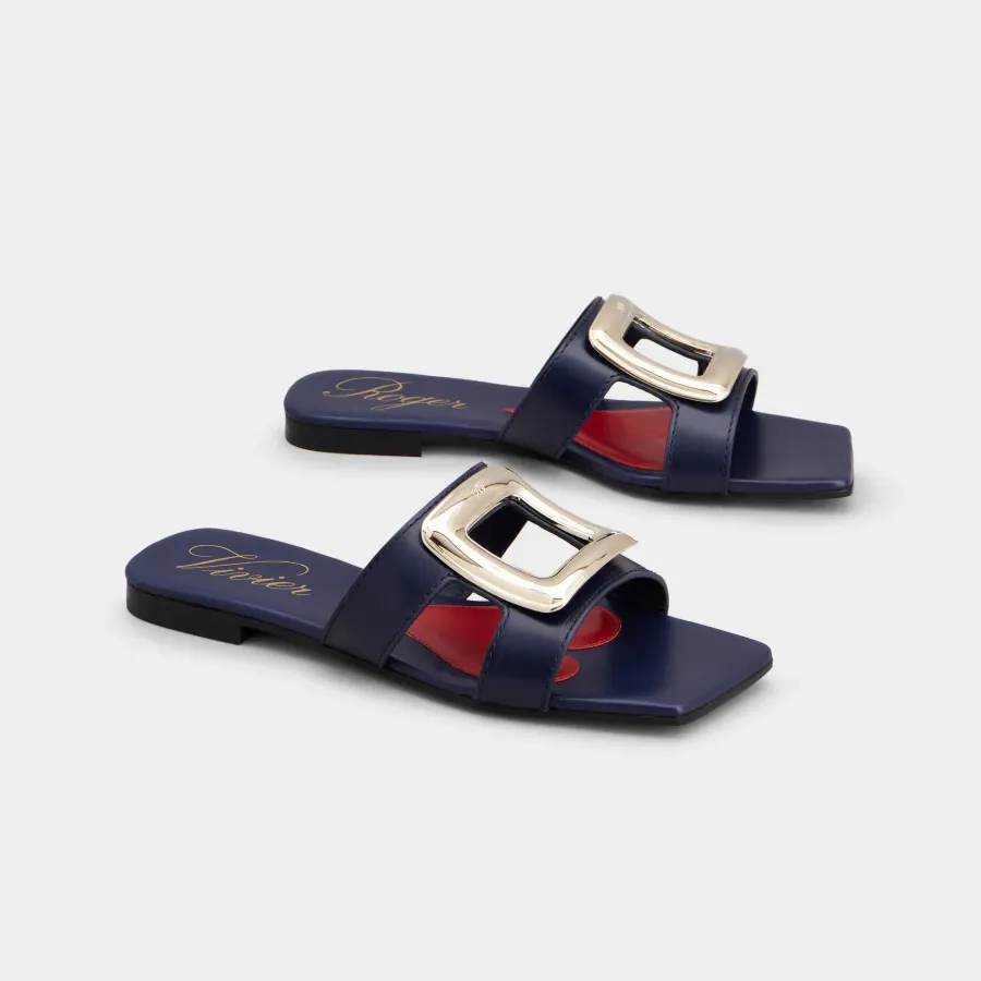 Roger Vivier Viv' By The Sea Mules Flats In Navy Blue Leather With Metal Buckle