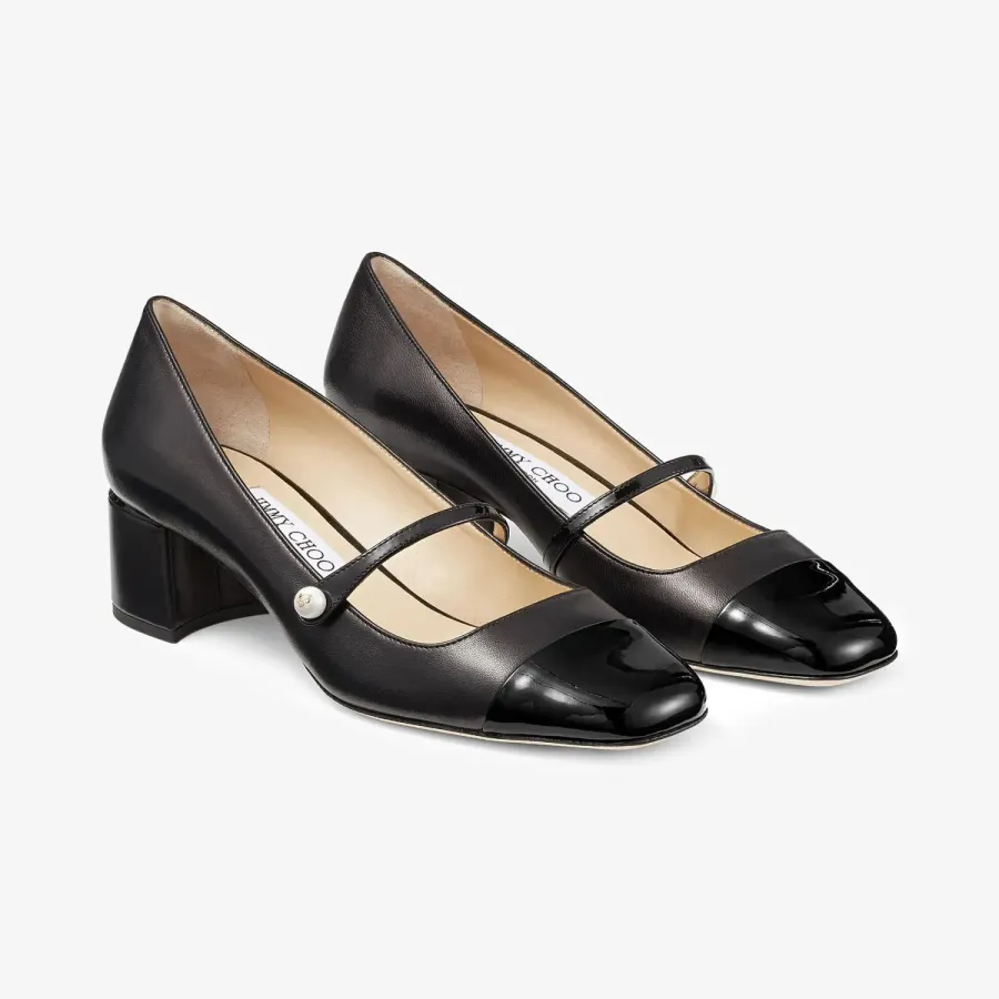JIMMY CHOO Black leather and Patent paint leather heels Square head and thick heel shoes