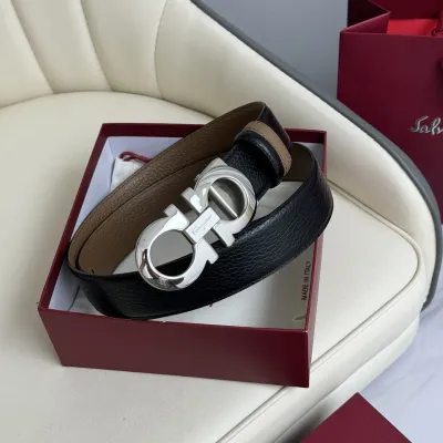 Ferragamo Men's Double Gancini Buckle Reversible Belt In Black/Brown Grained Calfskin With Gold/Silver/Black Hardware 35mm