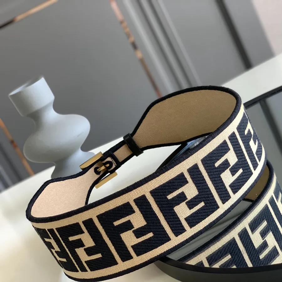 Fendi Women's Belt In Green/Black/Beige/Yellow FF Logo Embroidery Canvas With Gold Hardware 60mm