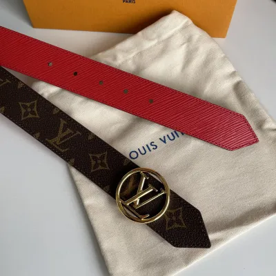 Louis Vuitton Women's Circle Buckle Belt In Black/Red Calfskin And Monogram Canvas With Gold/Silver Hardware 35mm
