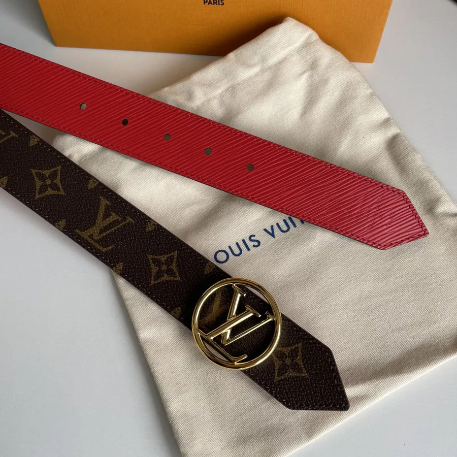 Louis Vuitton Women's Circle Buckle Belt In Black/Red Calfskin And Monogram Canvas With Gold/Silver Hardware 35mm