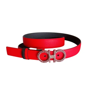 Ferragamo Women's Double Gancini Buckle With Crystals Adjustable Belt In Red/Brown/Green/Pink/Black/White/Burgundy/Khaki/Celery Grained Calfskin With Gold/Silver Hardware 25mm