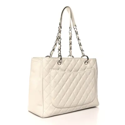 Chanel Grand Shopping Tote (GST) Large White Quilted Caviar Leather Silver Hardware