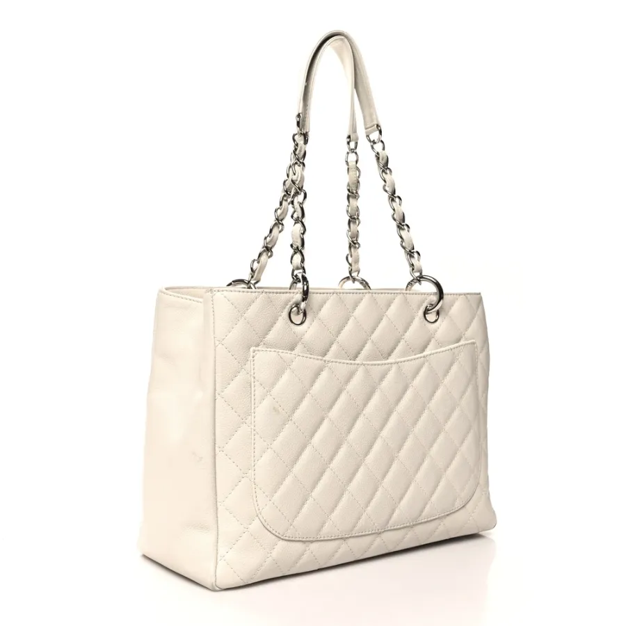 Chanel Grand Shopping Tote (GST) Large White Quilted Caviar Leather Silver Hardware