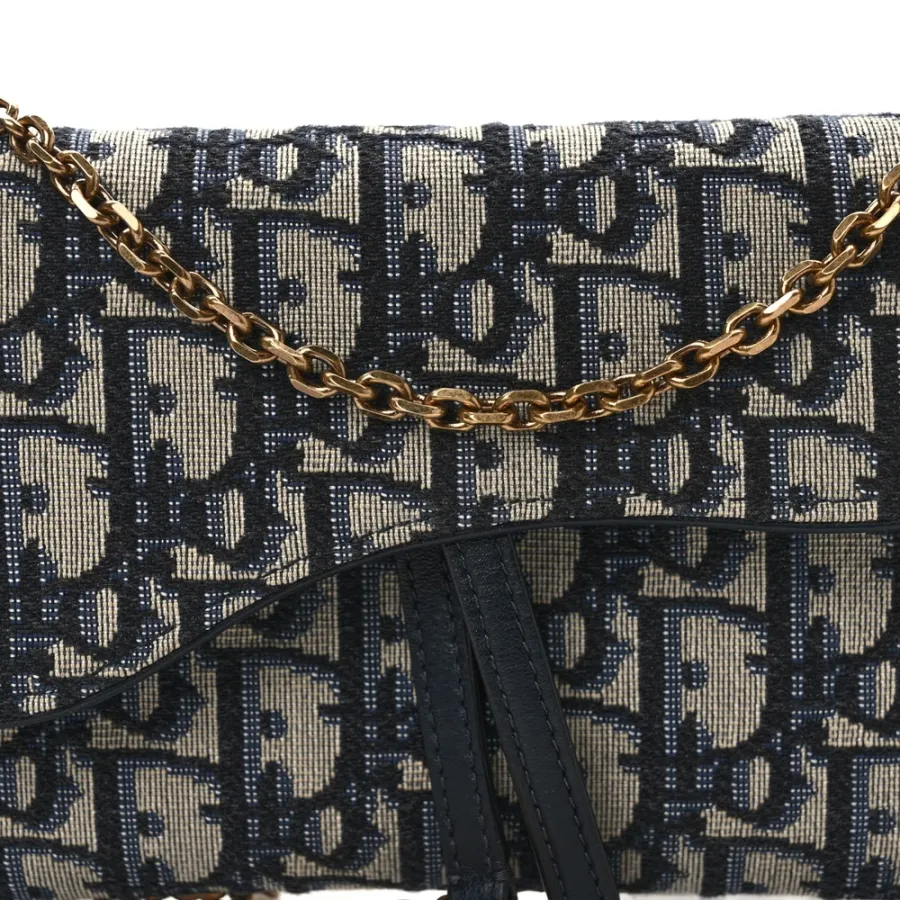 Dior Mini Saddle Chain Long Wallet Blue Oblique Canvas Gold Hardware