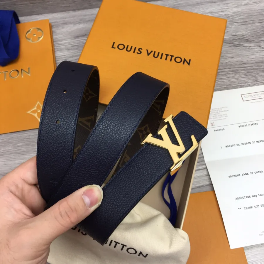 Louis Vuitton Women's Initiales Reversible Belt In Bkue/Black/Grey/Brown/Burgundy/Red/Pink Calfskin And Monogram Canvas With Gold Hardware 30mm