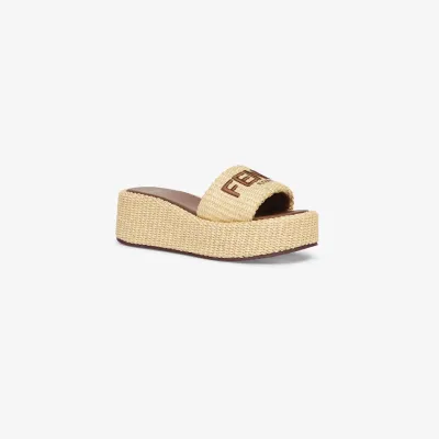 FENDI Beige cotton platform sandals slippers
