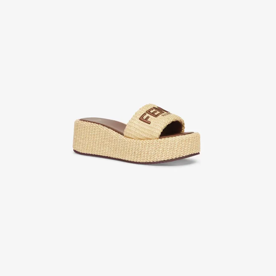 FENDI Beige cotton platform sandals slippers