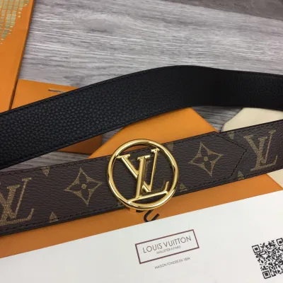 Louis Vuitton Women's Circle Buckle Belt In Black Calfskin And Monogram Canvas With Gold Hardware 35mm
