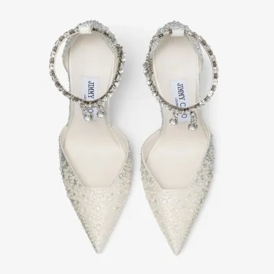JIMMY CHOO Crystal decorated ivory white satin heels