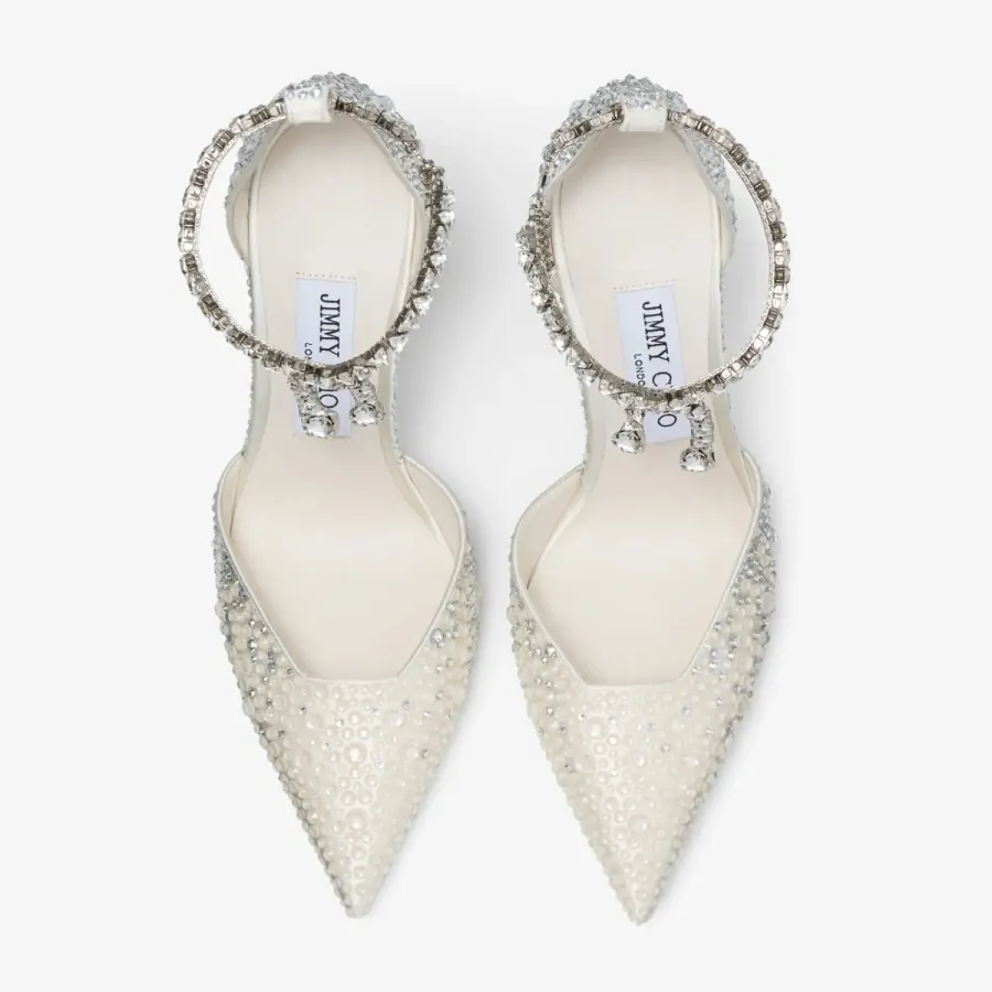 JIMMY CHOO Crystal decorated ivory white satin heels
