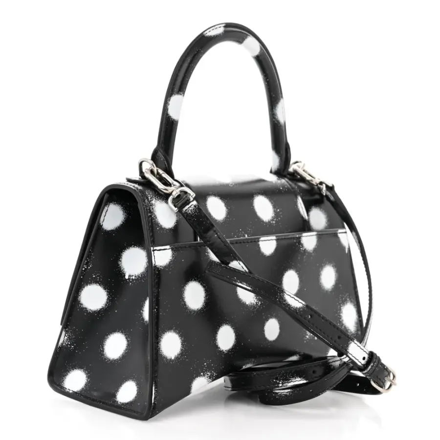 Balenciaga Small Hourglass Top Handle Bag Black/White Smooth Calfskin Leather Spray Polka Dot Silver Hardware