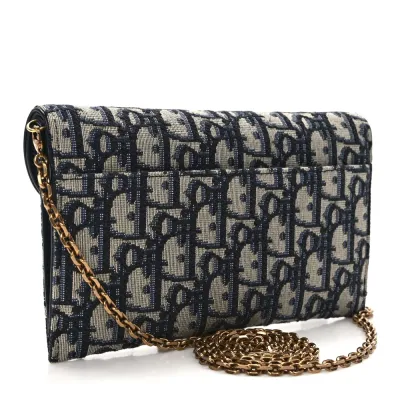 Dior Mini Saddle Chain Long Wallet Blue Oblique Canvas Gold Hardware