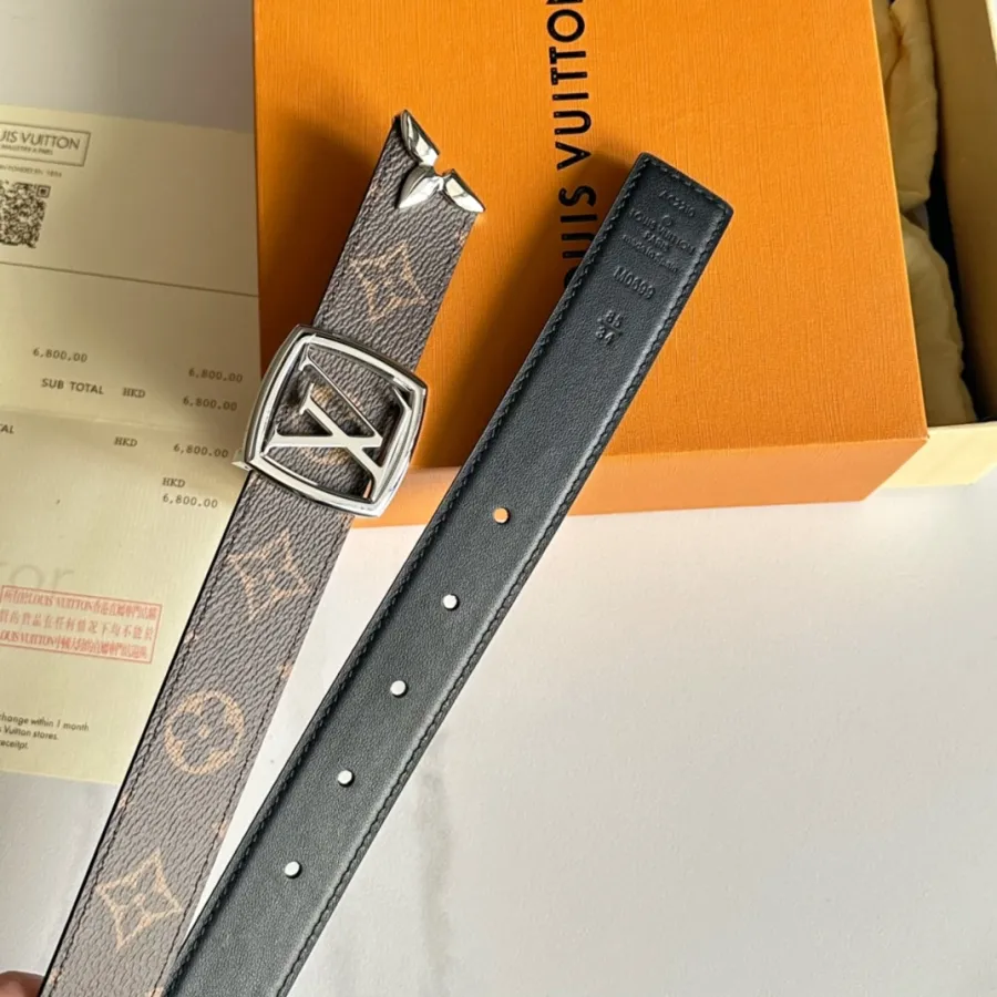 Louis Vuitton Women's Line Ellipse Reversible Belt In Black/Pink/White Calfskin And Monogram Canvas With Gold/Silver/Gun Black Hardware 30mm