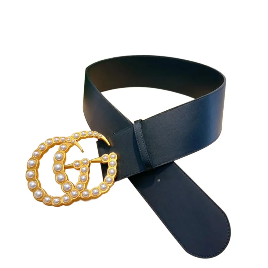 Gucci Women's  Emblem Buckle With Pearls Belt In Black Smooth Calfskin With Gold Hardware 70mm