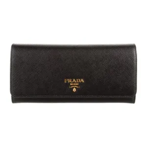 Prada Large Continental Wallet Black Saffiano Metal Leather Gold Hardware