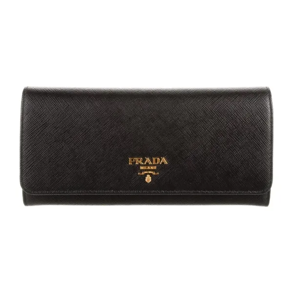Prada Large Continental Wallet Black Saffiano Metal Leather Gold Hardware