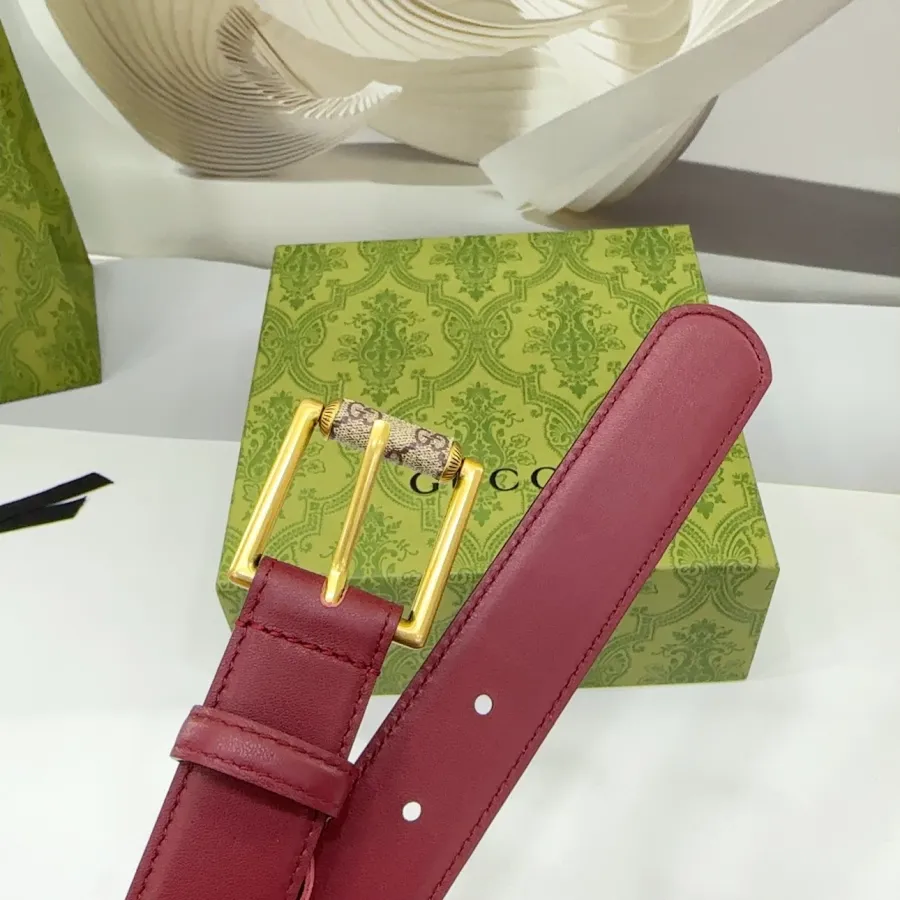 Gucci Women's Emblem Belt With Monogram Buckle In Brown/White/Black Smooth Calfskin With Gold Hardware 30mm