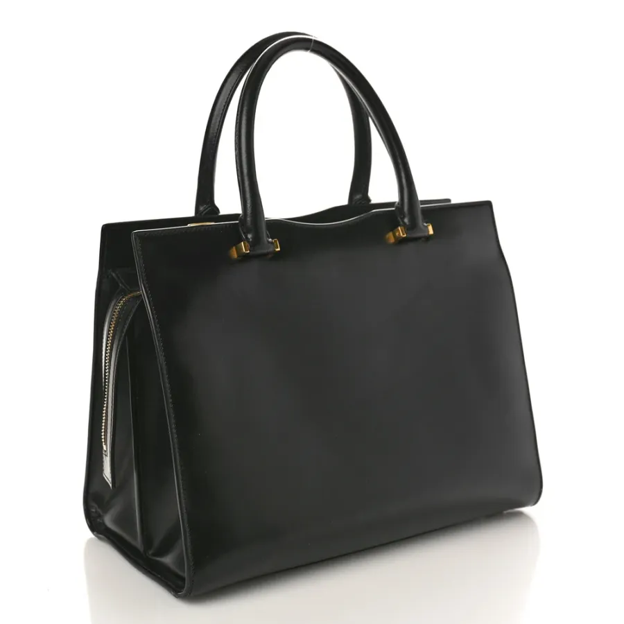 Saint Laurent Medium Uptown Tote Black Shiny Calfskin Leather Gold Hardware